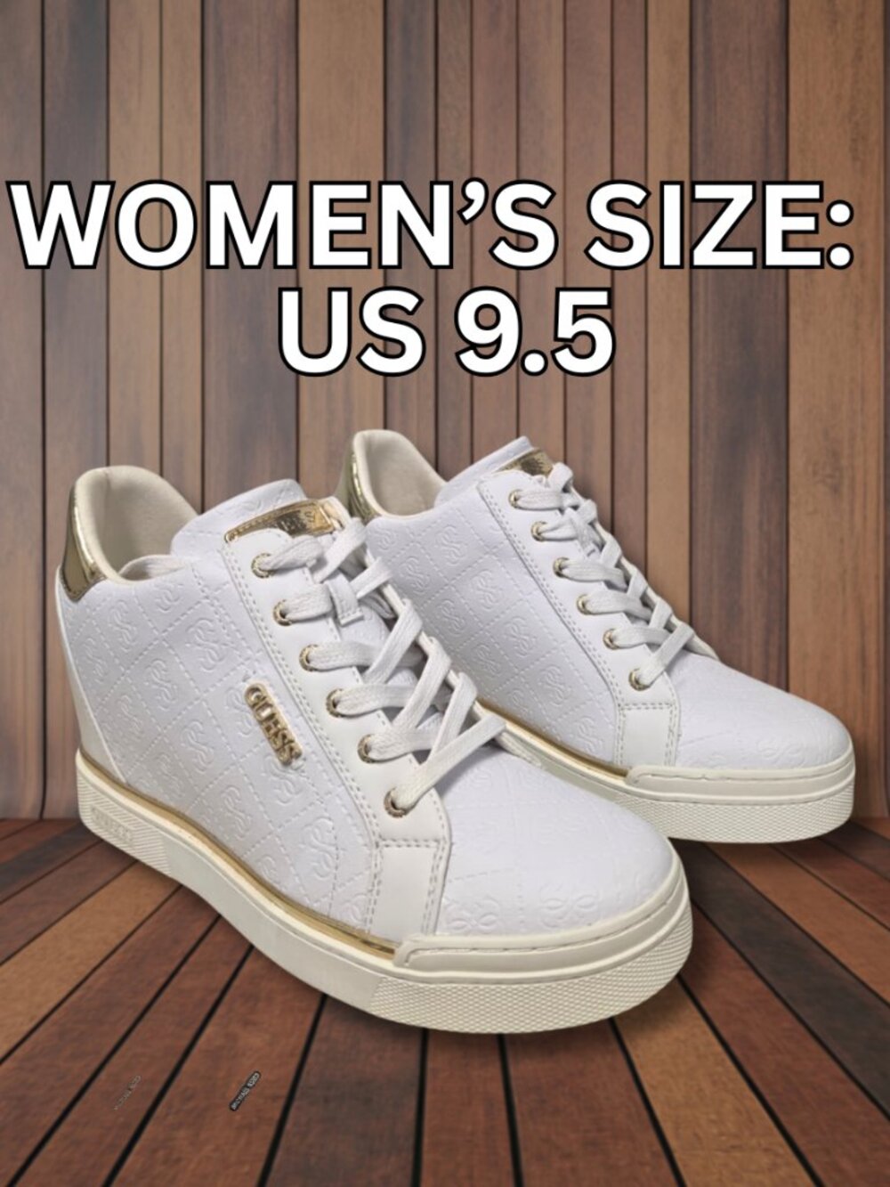 Guess Shoes "Flowurs" Women's White Gold Embossed Platform Wedge Heel Sneakers